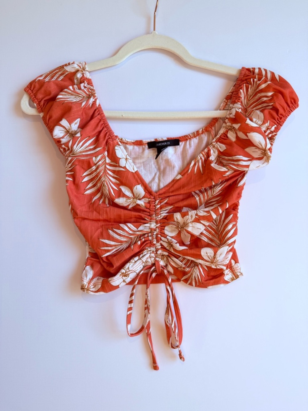 Forever 21 Coral Orange Floral Ruched Tie Crop Top